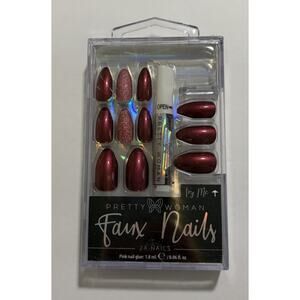 Pretty Woman Faux Nails Burgundy Wine Metallic Glitter Press On 24 w Glue
